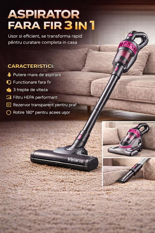 Velaris - Aspirator Portabil 5 în 1 Fără Fir cu UVC & HEPA, De Mână + Vertical