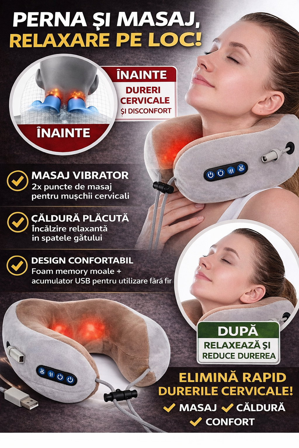 Perna RelaxU® electrica cu vibromasaj, cervicala, relaxare musculara, functie incalzire