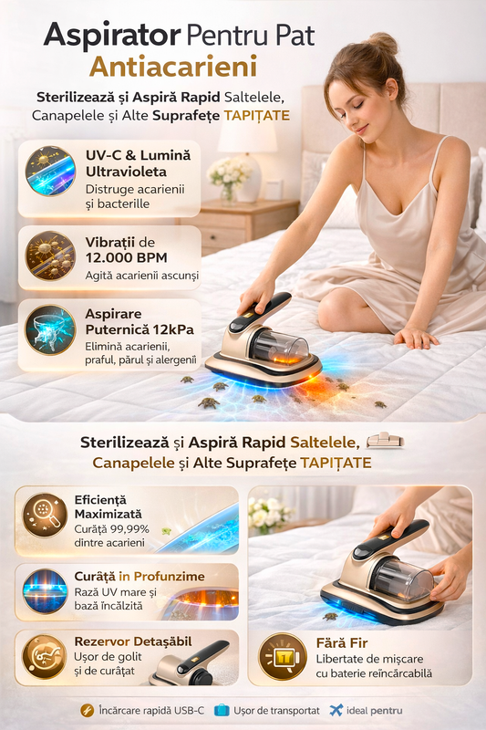 Aspirator Portabil UV Curata Acarienii din Saltea