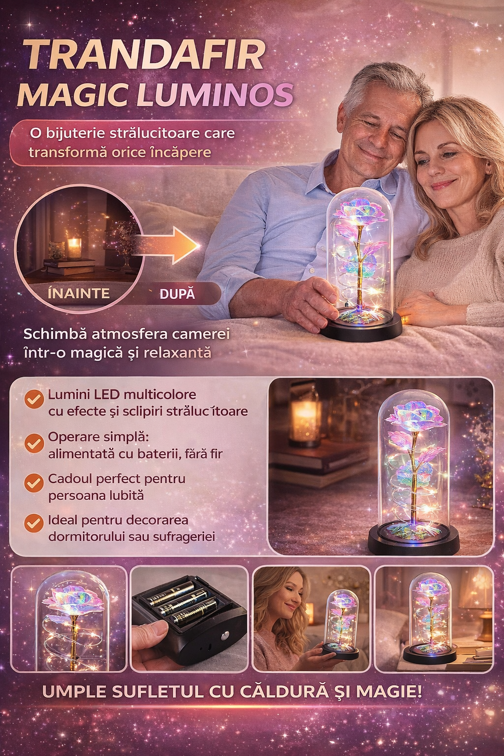 Trandafir Criogenat RelaxU © Nemuritor, In Cupola de Sticla, Cu lumini LED