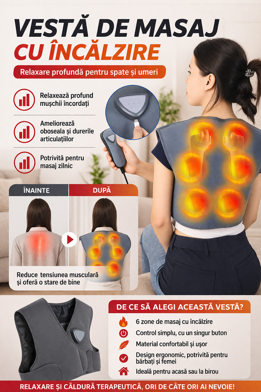 Vesta Electrica RelaxU © cu Incalzire si Masaj – 3 Niveluri de Temperatura, 3 Moduri de Masaj, Fara Fir, Gri